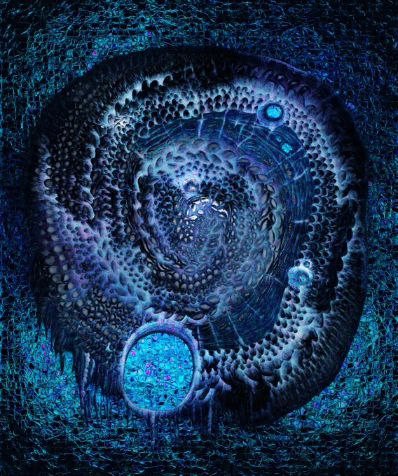 The image presents a mesmerizing spiral of blue, textured forms converging inward, reminiscent of a woven, organic vortex or portal, with dripping accents and a glowing circular element below, matching the "Blue" and "Woven Mirage" theme of the titled work listed at 44 Tez on the secondary market. Its deep blues and intricate, fabric-like patterns visually embody the "woven" mirage concept referenced in the post.