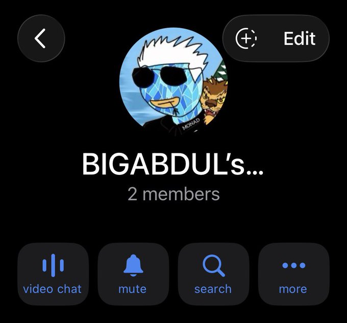 The image shows a Telegram group chat interface titled "BIGABDUL's..." with 2 members, featuring a profile picture of a cartoon character with white hair and sunglasses alongside another character. Standard chat options like video chat, mute, search, and more are displayed at the bottom, matching the post's invitation to join the Telegram group.