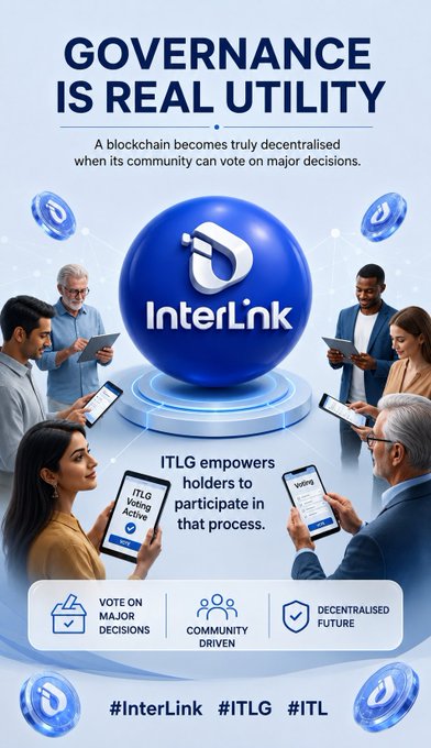 A promotional graphic titled 'GOVERNANCE IS REAL UTILITY' highlighting the InterLink ecosystem, showing diverse people holding tablets and voting, with text explaining that 'ITLG empowers holders to participate in that process' and hashtags #InterLink #ITLG #ITL.