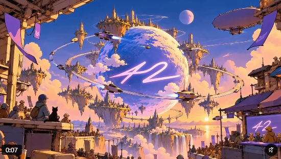 A vibrant fantasy illustration shows a fantastical cityscape with floating islands, castles, and rockets orbiting a large planet marked with '42' in glowing script.