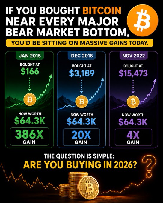 A Bitcoin promotional graphic highlighting gains of 386X, 20X, and 4X for investments made at January 2015 ($166), December 2018 ($3,189), and November 2022 ($15,473) bear market bottoms, asking 'ARE YOU BUYING IN 2026?'