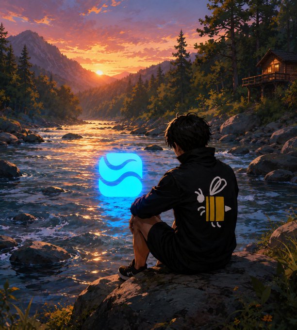 An anime-style illustration shows a young man with dark hair sitting on a rock beside a flowing river at sunset, with a cabin nestled in the forested mountains in the background. He wears a black jacket featuring a bee logo, and a glowing blue wave symbol hovers above the water.
