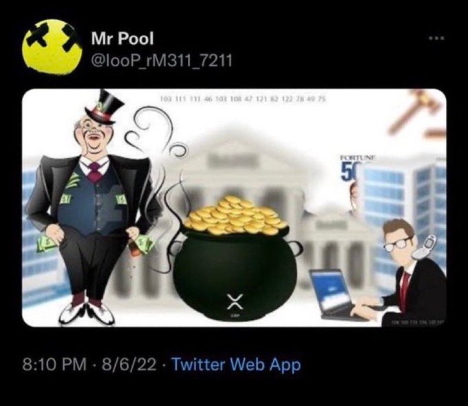 A cartoon-rich man in a top hat stands beside a pot overflowing with gold coins, with the XRP logo on the pot and "FORTUNE 50" visible in the background, alongside another figure at a laptop—visually reinforcing the post's message that nothing can stop what's coming for XRP, suggesting impending massive wealth and institutional success for the cryptocurrency.