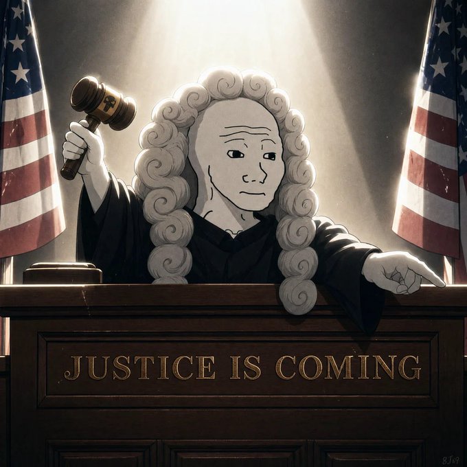 An artistic illustration of a stylized judge wearing a traditional powdered wig, holding up a gavel, with 'JUSTICE IS COMING' engraved on the wooden bench and American flags in the background.