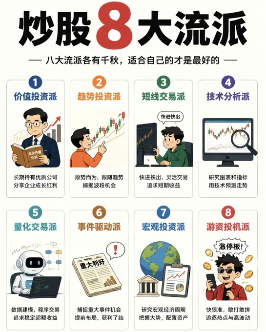 A Chinese infographic titled '炒股8大流派' (Eight Major Schools of Stock Trading), illustrating different investment approaches including value investing, trend investing, short-term trading, and technical analysis.
