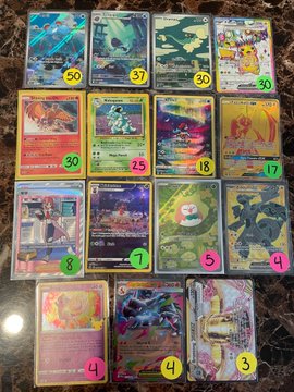 A collection of Pokémon trading cards laid out on a marble surface, featuring various colorful holographic and reverse-holo cards with circular price stickers ranging from 30 down to 3, likely representing a "Claim Sale" listing priced at $1 per card with a $5 "bmwt" (buyer must wait) option.