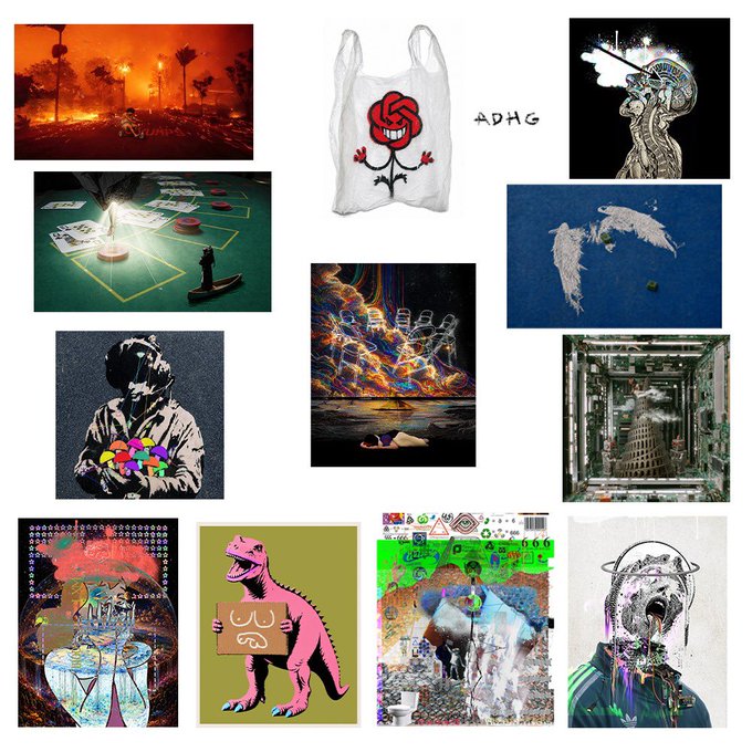 A collage of eclectic images including a burning building, an ADHG tote bag with a red rose design, a flaming chess piece, a Banksy-style hoodie figure with colorful flowers, a cosmic stadium scene with kangaroo, angel wings sky art, a server room, an anatomical brain illustration, and various glitch/distorted digital artworks.