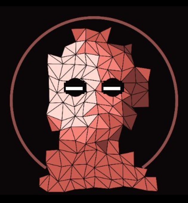 A low-poly geometric portrait of a character with spiky hair and glowing white eyes, rendered in shades of pink and red against a black background.