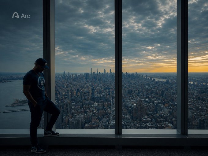 A silhouetted man wearing a cap and 'Arc' t-shirt gazes out a large window at a sprawling city skyline during sunset or sunrise.