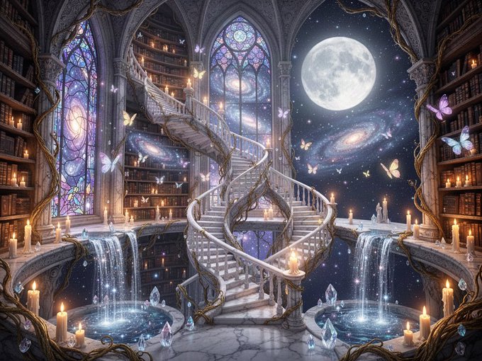 A fantasy illustration of a gothic library interior with a spiral staircase, stained glass windows, glowing candles, waterfalls, butterflies, and a large moon and galaxy visible through an opening to the cosmos.