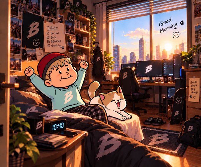 An anime-style illustration of a smiling character in bed with a cat, surrounded by 'B' branded items in a cozy bedroom with a city view and 'TODAY:' checklist reading 'Be kind, Build, BRRSIK, Good day'.