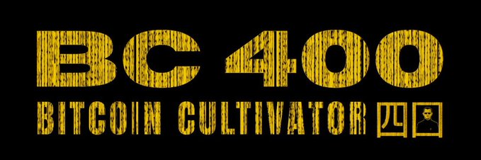 A logo on black background reads 'BC400 BITCOIN CULTIVATOR' in distressed yellow text with a small icon.