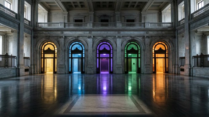 Grand marble interior hall with arched doorways illuminated by vibrant rainbow-colored lights (orange, blue, purple, green) reflecting off the polished floor, featuring ornate classical architecture and balconies.