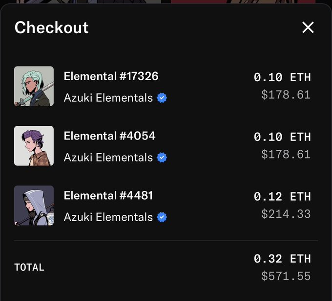 An NFT checkout cart for Azuki Elementals showing three items (#17326, #4054, #4481) totaling 0.32 ETH ($571.55).