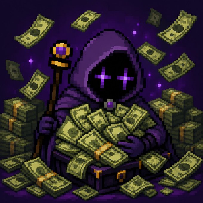 A pixel art illustration of a hooded figure with glowing purple cross-shaped eyes, holding a staff and surrounded by stacks and piles of green cash money.