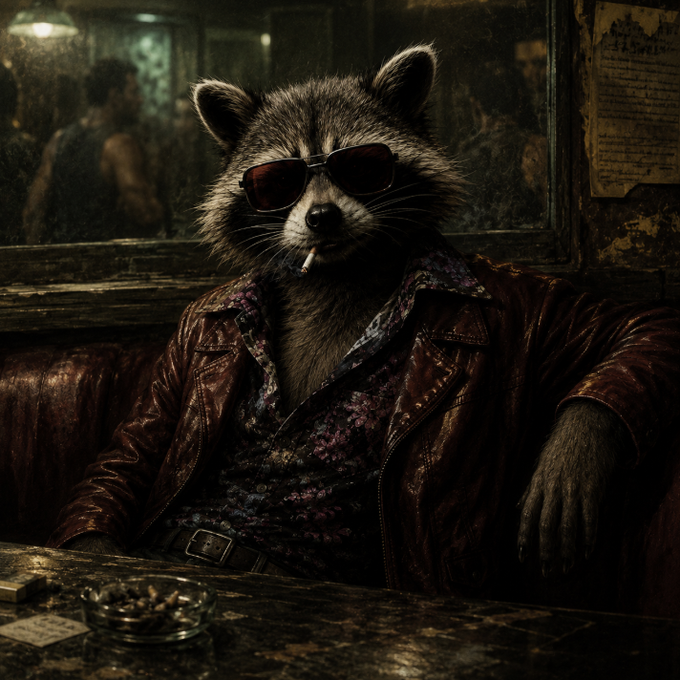 A raccoon wearing sunglasses and a brown leather jacket sits in a dimly lit bar with a cigarette in its mouth, exuding a cool and gritty demeanor.