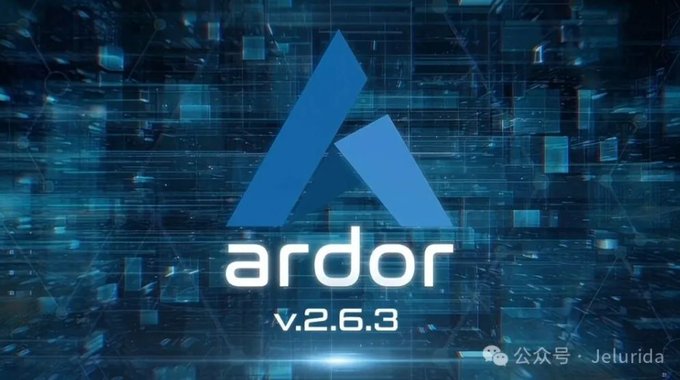 Ardor cryptocurrency logo with text 'ardor v.2.6.3' displayed against a blue digital/tech background with a 'Jelurida' watermark.