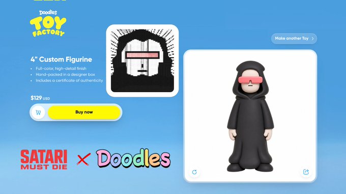 A promotional screen for Doodles Toy Factory showing a 4-inch custom figurine for $129 USD, featuring a character in a black robe with a pixelated face and red sunglasses, in collaboration with 'Satari Must Die'.