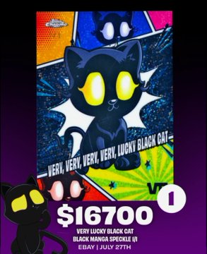 The image shows a Veefriends NFT card titled "Very Lucky Black Cat," featuring a black cat with glowing yellow eyes against a comic-style background with "1/1" markings. A large "$16,700" price tag is overlaid, referencing the recent comparable sale of the Black Manga Speckle NFT mentioned in the post, which suggests this Padparadscha edition should trade even higher.