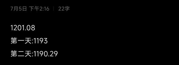 A simple note dated 7月5日 下午2:16 displaying the numbers 1201.08, 第一天:1193, and 第二天:1190.29, appearing to track daily weight readings.