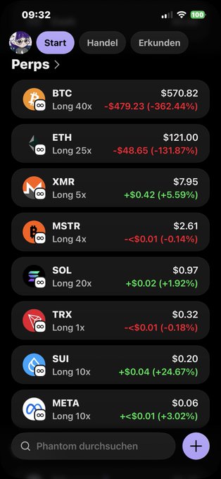 The image shows an iPhone screen displaying various cryptocurrency symbols, including Bitcoin, Etherium, and others. The text on the screen reads "Ich mach $STRC erschulweil sindehren weil sind 10x long btc orange dots Jetzt 1$ long sind auch 10$ Bin all in muss doch mal klappen das die longs gewinnen. Nurnoch". The screen is divided into sections, with each section representing a different cryptocurrency symbol and its corresponding value. The image also includes a caption that provides information about the symbols displayed on the phone's screen.