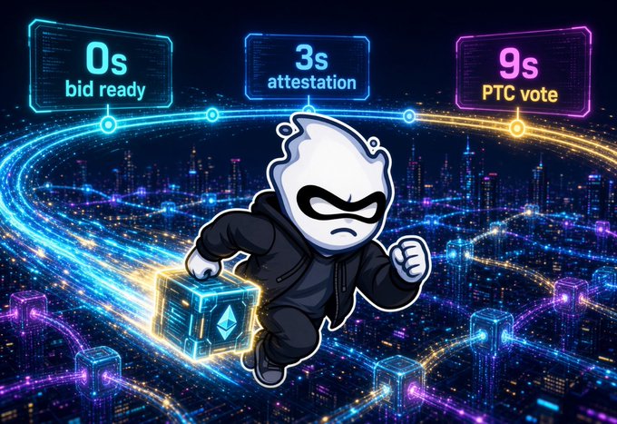 A stylized mascot character in a hoodie runs through a neon-lit cityscape while carrying a glowing cube, with three panels showing '0s bid ready', '3s attestation', and '9s PTC vote'.