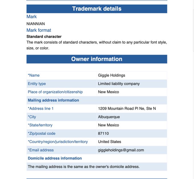 The image shows a USPTO trademark filing details page for the standard character mark "NIANNIAN," registered to Giggle Holdings, a limited liability company based in Albuquerque, New Mexico (1209 Mountain Road Pl Ne, Ste N), confirming the federal trademark protection referenced in the post regarding $GIGGLE and $NIANNIAN.