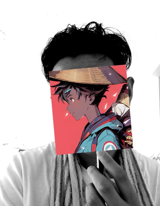 A person with dreadlocks holds up an anime-style sticker or card featuring a character wearing a straw hat against a vibrant red background, obscuring their face. The image appears to be a creative, artistic post accompanying a birthday message for Bitget's 8th anniversary, using the eye-catching illustration to draw attention to the celebratory message.