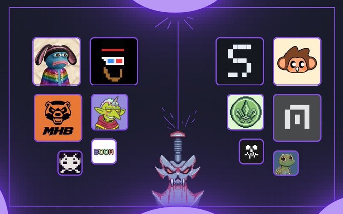 A digital art piece features a purple background with white squares, each containing a unique character or logo against a black background.