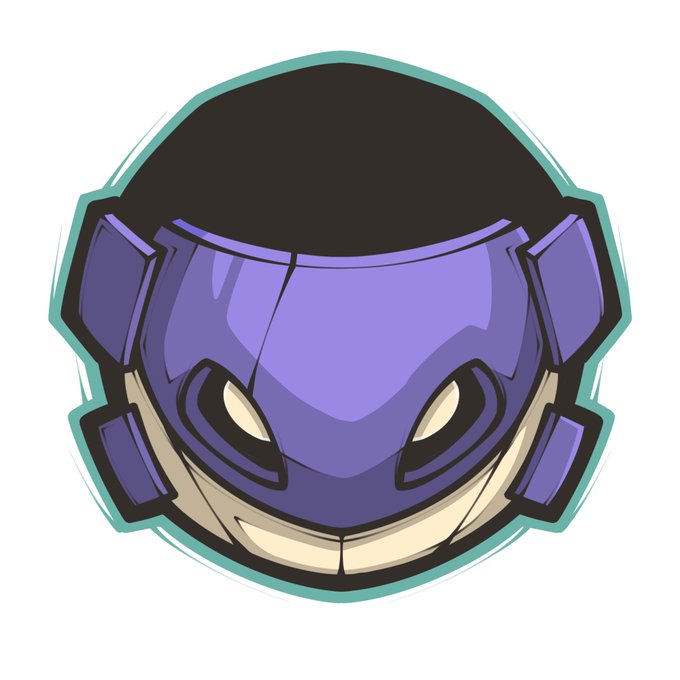 A cartoon illustration of a stylized character head wearing a purple Spartan-style helmet with glowing eyes, surrounded by a teal outline.