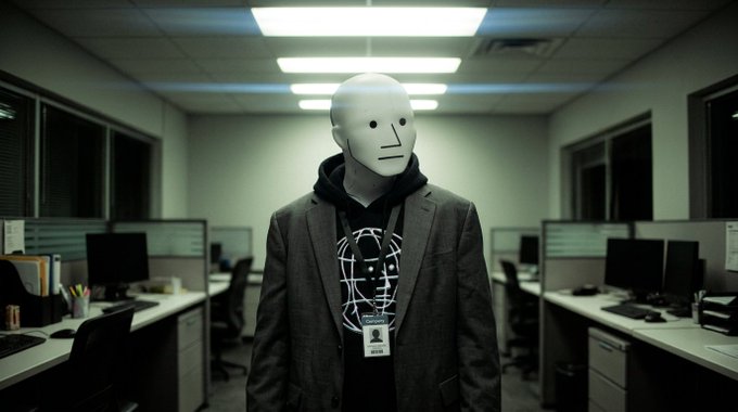 The image shows a mannequin head wearing a black suit, standing in an office setting with multiple desks and chairs around him. The mannequin appears to be dressed for work or a business meeting, as indicated by its attire. In the background, there are several computers on desks along with other office equipment such as keyboards and mice. A sign is also visible in the scene, which reads "the briefing has concluded it's time to lock in". This suggests that the mannequin might be participating in a meeting or event where important information needs to be shared or decisions need to be made.

The image seems to be related to an office environment and could possibly be part of a promotional campaign, advertisement, or even a costume for a themed event. The presence of multiple desks and chairs indicates that the office is likely a workspace with several employees working there.
