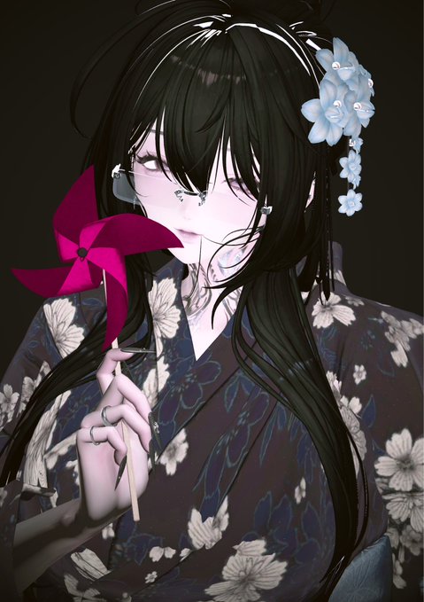 An anime-style illustration of a dark-haired woman wearing a floral kimono with blue flowers in her hair, holding a pink ribbon near her face.