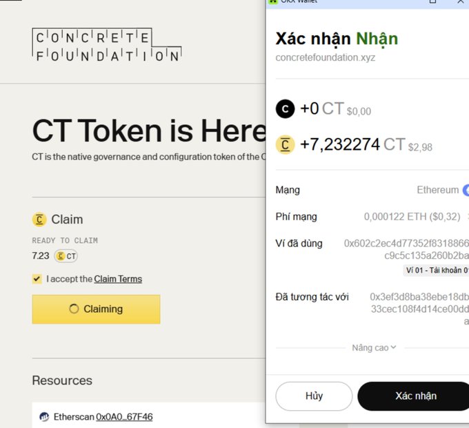 Screenshot showing the Concrete Foundation website claiming a 'CT Token is Here' airdrop of 7.23 CT tokens, alongside an OKX Wallet confirmation dialog to receive +7.232274 CT ($2.98) on the Ethereum network.