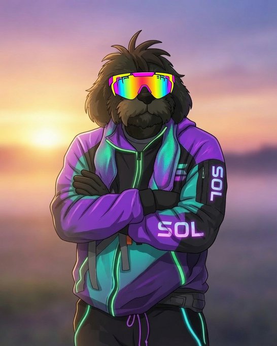 An anthropomorphic dog character stands confidently with arms crossed, wearing a vibrant purple and teal neon-lit jacket marked with "SOL" and "70S," along with rainbow-tinted sunglasses, against a sunset backdrop. The image complements the post's optimistic mood, with the "SOL" text referencing the Solana cryptocurrency ticker fitting the "market is up" sentiment.