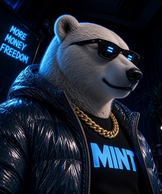 A digital illustration of a polar bear wearing sunglasses, a gold chain, and a puffer jacket over a 'MINT' shirt, with a neon sign reading 'MORE MONEY FREEDOM' in the background.