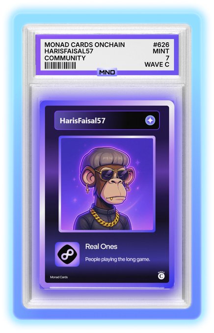 A graded 'MONAD CARDS ONCHAIN' collectible card (#626) displays a cartoon monkey avatar with sunglasses and a gold chain, labeled 'Real Ones - People playing the long game.'