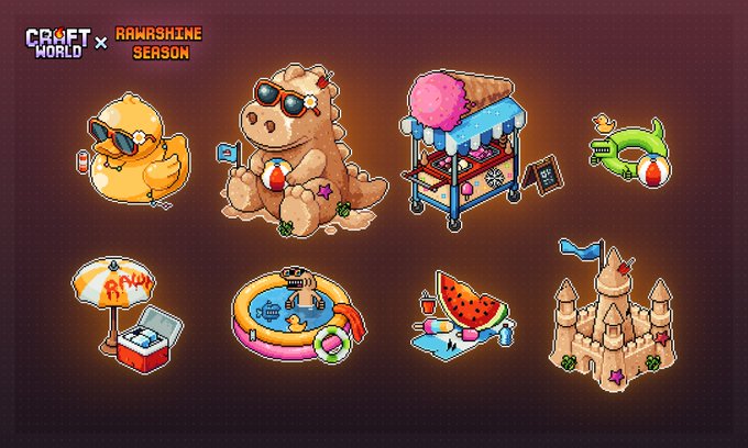 Promotional artwork for the 'Craft World x Rawashine Season' collaboration, featuring pixel-art summer items including ducks in sunglasses, a sand dinosaur, an ice cream cart, an inflatable pool, and a watermelon beach scene.