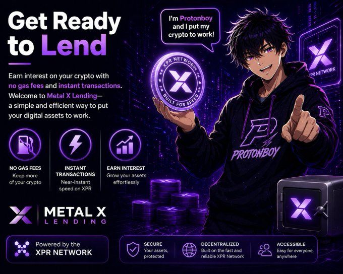 The image features a man holding up a coin, with text that reads "Get Ready to Lend Metal X lending* - Earn passive income on your crypto with zero gas fees and instant transactions, powered by the XPR Network". The man is wearing a hoodie and has a serious expression as he holds the coin.
