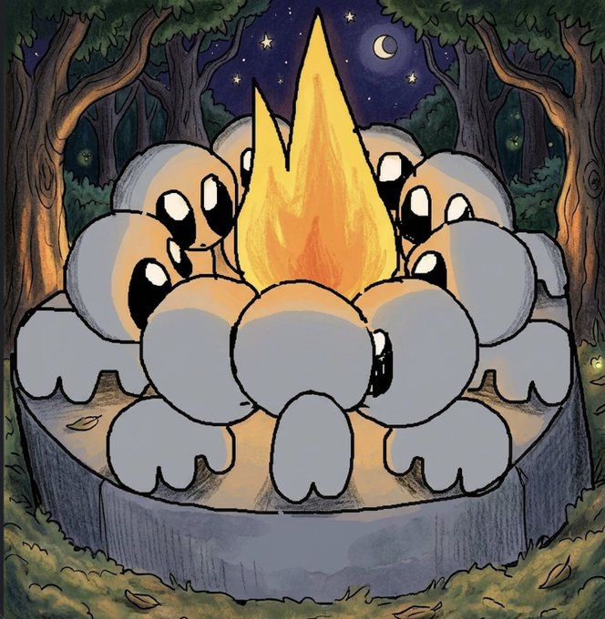 Illustration of several round, gray ghost-like creatures huddled around a glowing yellow flame on a stone pedestal in a dark forest at night, with eyes peering from the trees.