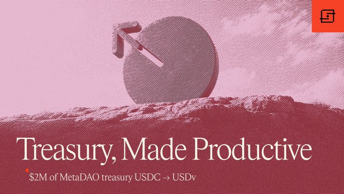 The image is a promotional graphic with a pink-toned illustration of a large bomb-shaped object resting on a rocky landscape, overlaid with the headline "Treasury, Made Productive" and the subtitle "$2M of MetaDAO treasury USDC → USDv." It visually emphasizes the MetaDAO-040 governance decision to convert up to $2 million of treasury USDC into USDv, signaling a shift toward making dormant treasury assets yield-bearing rather than static.