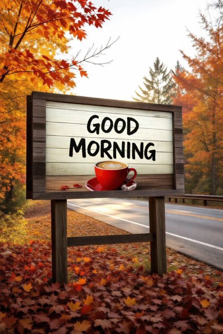 A rustic wooden sign reading "GOOD MORNING" with an image of a coffee cup, set against a backdrop of autumn foliage and a road.