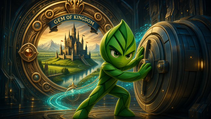A digital illustration shows a green leaf-like humanoid character pushing a large metal safe, with a portal labeled 'GEM OF KINGDOM' revealing a castle and landscape behind him.
