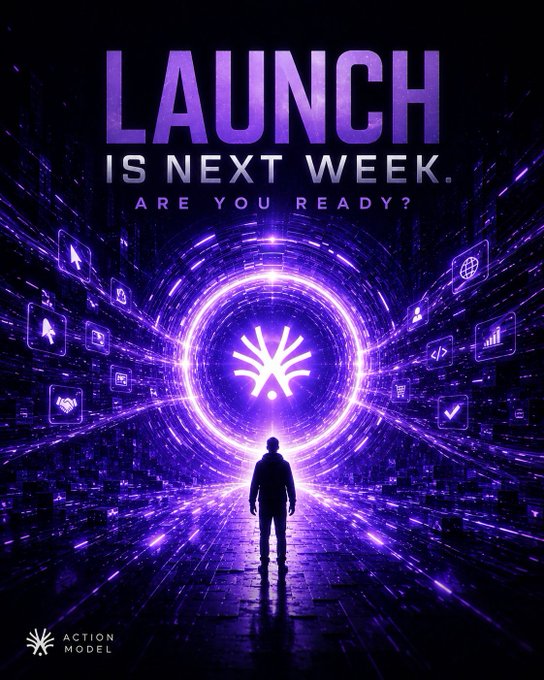 A promotional graphic with the text 'LAUNCH IS NEXT WEEK. ARE YOU READY?' featuring a silhouetted figure facing a glowing purple portal surrounded by tech-themed icons and the 'ACTION MODEL' logo.