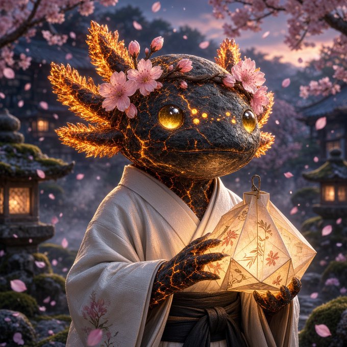 A fantastical creature featuring a glowing, cracked, magma-like head adorned with pink cherry blossoms wears a cream kimono and holds an illuminated paper lantern in a serene Japanese garden at sunset.