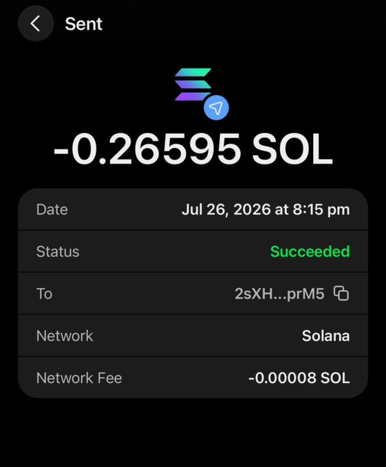 A screenshot of a successful Solana transaction confirmation showing -0.26595 SOL sent to address 2sXH...prM5 on July 26, 2026 at 8:15 pm, with a network fee of 0.00008 SOL—visually confirming the post's claim of sending Solana to recipients.