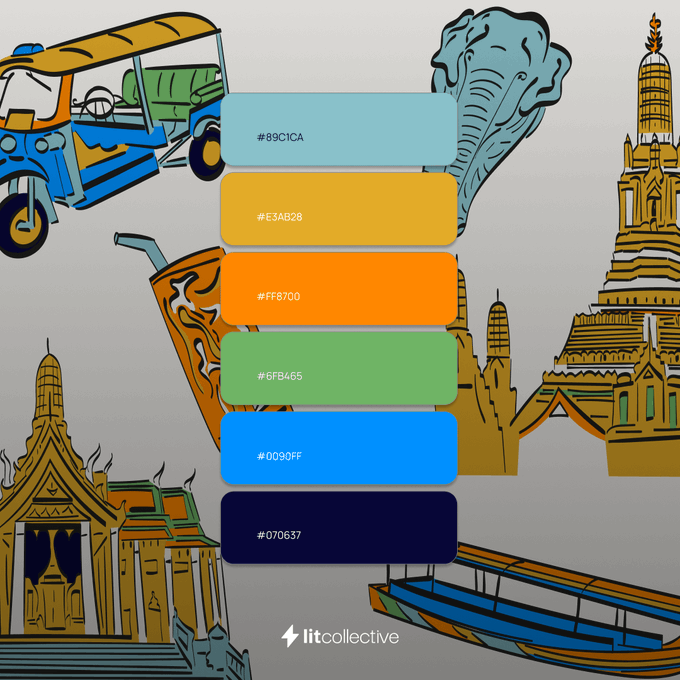 A color palette graphic from lit collective featuring Thai cultural illustrations (tuk-tuk, elephant, temple, dragon boat) alongside six color swatches with codes: #89C1CA, #E3AB28, #EF6700, #6FB465, #0090FF, and #070637.