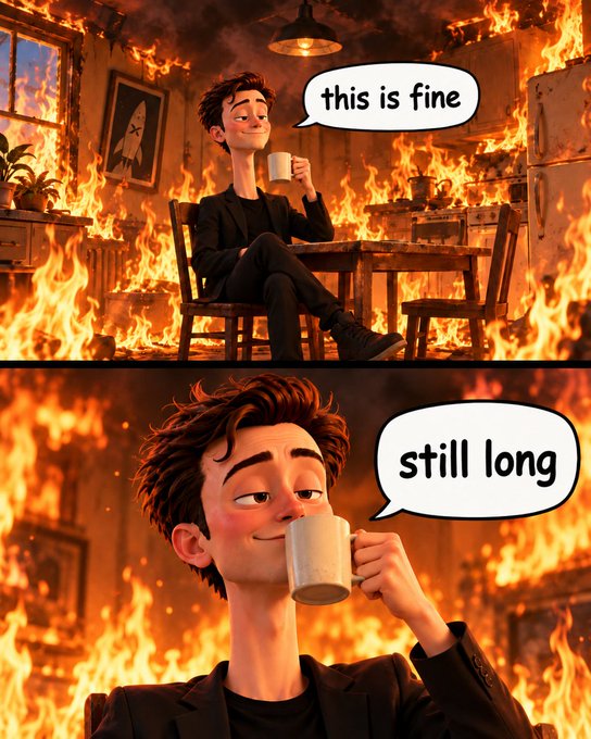 A two-panel animated-style meme showing a man in a suit calmly drinking coffee while his surroundings burn in flames; the top panel has him saying 'this is fine' and the bottom panel says 'still long'.