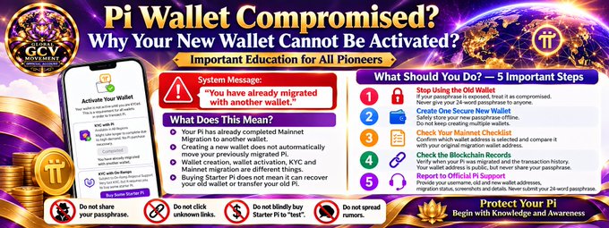 This is a "GCV Movement" educational infographic titled "Pi Wallet Compromised? Why Your New Wallet Cannot Be Activated," which visually explains the consequences of Pi Network users completing Mainnet Migration to a compromised wallet, displaying the system error message "You have already migrated with another wallet," and outlines five steps to follow: stop using the old wallet, create one secure new wallet, check the mainnet checklist, verify migration status through the blockchain records, and report to official support, while warning against sharing passphrases, clicking unknown links, or selling the Pi to "Test Pi."