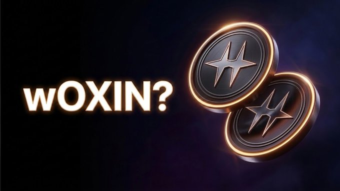 The image features the text "WOXIN?" in glowing golden letters alongside two metallic coins with star emblems, visually representing the Wrapped OXIN (wOXIN) cryptocurrency introduced in the accompanying educational post about its role in the Oxin Chain ecosystem.