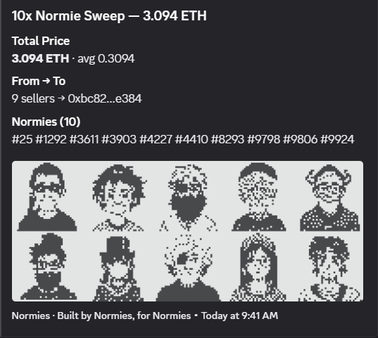 A screenshot of an NFT marketplace listing for "10x Normie Sweep" showing 10 pixel-art portrait NFTs (#25, #1292, #361, #3903, #4227, #4410, #8293, #9798, #9806, #9924) purchased for 3.094 ETH (avg 0.3094 each) from 9 sellers to address 0xbc82...e384. The listing visually represents the serc1n giveaway mentioned in the post, displaying the actual Normies NFT collection being offered as a free 10-piece bundle.